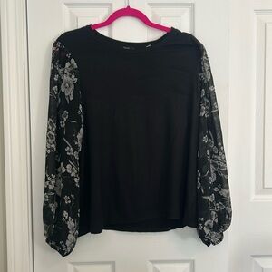 Tahari black tunic with sheer flowered sleeves